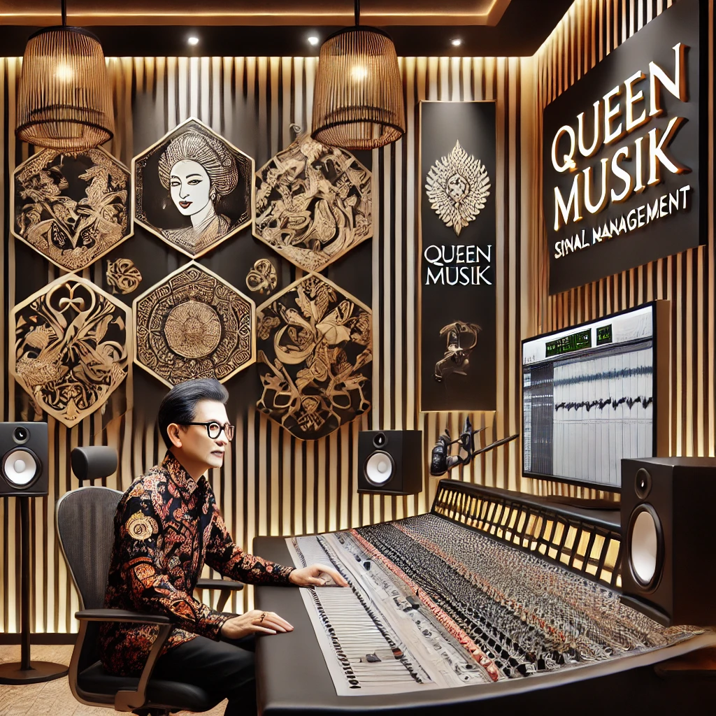 Studio rekaman modern di Indonesia dengan produser profesional sedang bekerja di meja mixing, dikelilingi peralatan canggih, dengan branding Queen Musik dan SiNakal Management